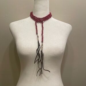 Vintage Beaded Scarf Necklace, Long Knotted Faceted Beads Tassel, Boho Statement